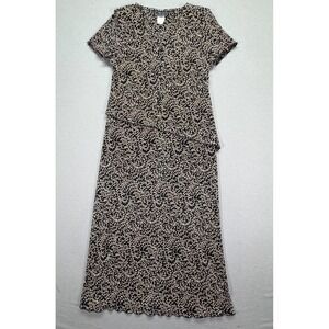 Studio Connection Womens Dress  Black Tan Leaf Print Vintage Tiered Maxi 14